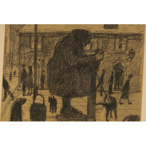 435 - HAROLD RILEY (b. 1934) PENCIL DRAWING ON PAPER titled 'The Dog Lady' with original exibition label o... 