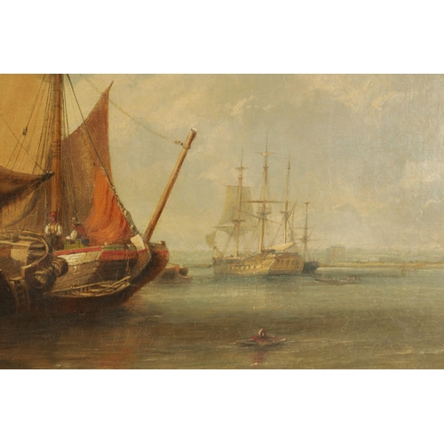 445 - WILLIAM ADOLPHUS KNELL (1805 - 1875) A LARGE 19TH CENTURY OIL ON CANVAS depicting barges awaiting th... 