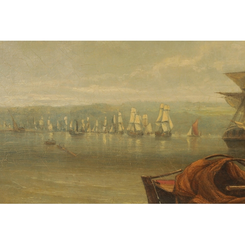 445 - WILLIAM ADOLPHUS KNELL (1805 - 1875) A LARGE 19TH CENTURY OIL ON CANVAS depicting barges awaiting th... 