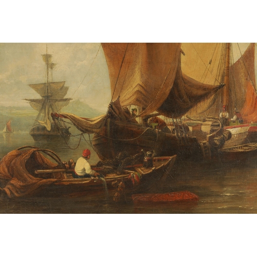 445 - WILLIAM ADOLPHUS KNELL (1805 - 1875) A LARGE 19TH CENTURY OIL ON CANVAS depicting barges awaiting th... 