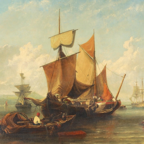 445 - WILLIAM ADOLPHUS KNELL (1805 - 1875) A LARGE 19TH CENTURY OIL ON CANVAS depicting barges awaiting th... 