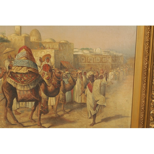 447 - AN IMPRESSIVE 19TH CENTURY ITALIAN OIL ON CANVAS 'EASTERN MARKET SCENE' depicting figures with camel... 