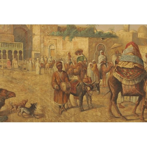 447 - AN IMPRESSIVE 19TH CENTURY ITALIAN OIL ON CANVAS 'EASTERN MARKET SCENE' depicting figures with camel... 