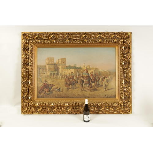 447 - AN IMPRESSIVE 19TH CENTURY ITALIAN OIL ON CANVAS 'EASTERN MARKET SCENE' depicting figures with camel... 