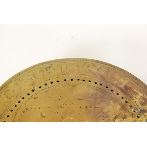 450 - A CHARLES II BRASS AND IRONWORK WARMING PAN DATED 164? engraved with Arms of Lichfield to the lid; w... 