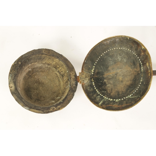 450 - A CHARLES II BRASS AND IRONWORK WARMING PAN DATED 164? engraved with Arms of Lichfield to the lid; w... 