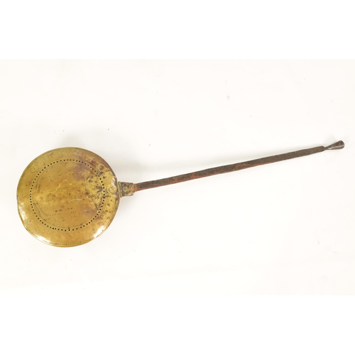 450 - A CHARLES II BRASS AND IRONWORK WARMING PAN DATED 164? engraved with Arms of Lichfield to the lid; w... 