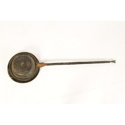 450 - A CHARLES II BRASS AND IRONWORK WARMING PAN DATED 164? engraved with Arms of Lichfield to the lid; w... 