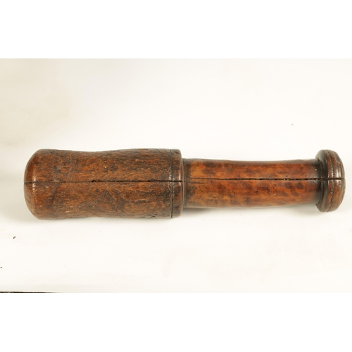 454 - AN EARLY 16TH/17TH CENTURY BURR WALNUT PESTLE AND MORTAR of deep four lugged form with rounded body ... 