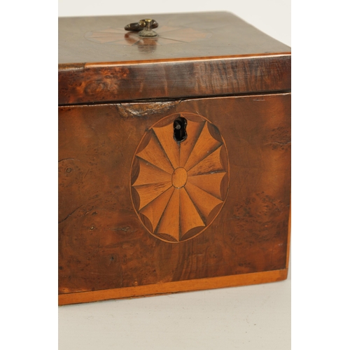 456 - A GEORGE III BURR YEW-WOOD AND BOXWOOD STRUNG INLAID SQUARE TEA CADDY with axe-drop handle to the li... 