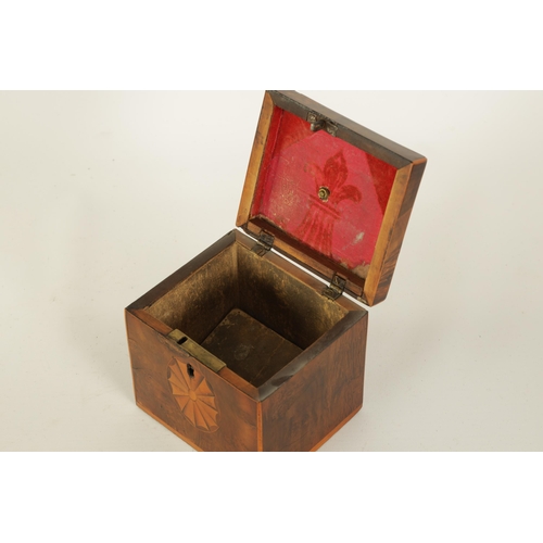 456 - A GEORGE III BURR YEW-WOOD AND BOXWOOD STRUNG INLAID SQUARE TEA CADDY with axe-drop handle to the li... 