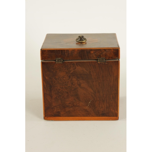 456 - A GEORGE III BURR YEW-WOOD AND BOXWOOD STRUNG INLAID SQUARE TEA CADDY with axe-drop handle to the li... 