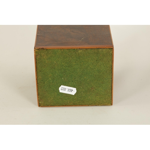 456 - A GEORGE III BURR YEW-WOOD AND BOXWOOD STRUNG INLAID SQUARE TEA CADDY with axe-drop handle to the li... 