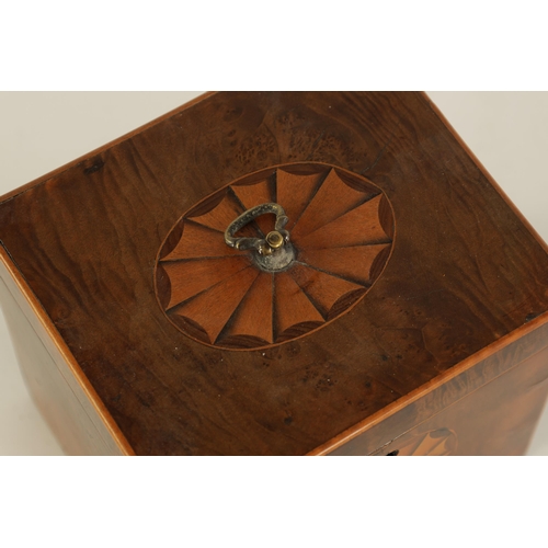 456 - A GEORGE III BURR YEW-WOOD AND BOXWOOD STRUNG INLAID SQUARE TEA CADDY with axe-drop handle to the li... 