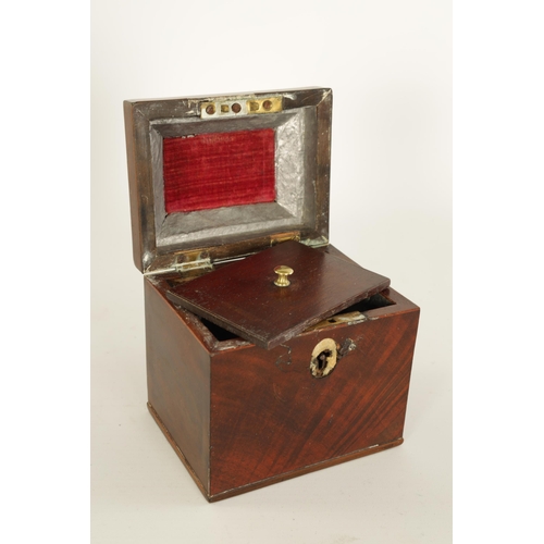 457 - A GEORGE III FIGURED MAHOGANY RECTANGULAR TEA CADDY the chequer-strung raised top fitted an axe-drop... 