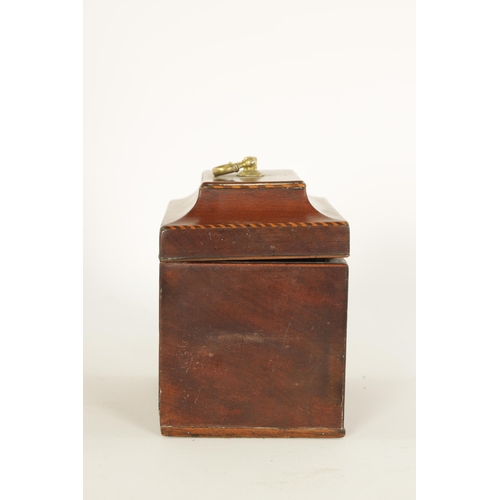 457 - A GEORGE III FIGURED MAHOGANY RECTANGULAR TEA CADDY the chequer-strung raised top fitted an axe-drop... 