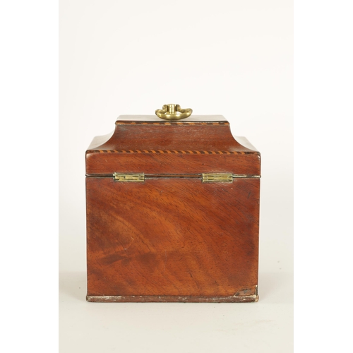 457 - A GEORGE III FIGURED MAHOGANY RECTANGULAR TEA CADDY the chequer-strung raised top fitted an axe-drop... 