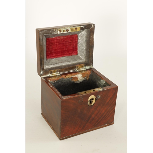 457 - A GEORGE III FIGURED MAHOGANY RECTANGULAR TEA CADDY the chequer-strung raised top fitted an axe-drop... 