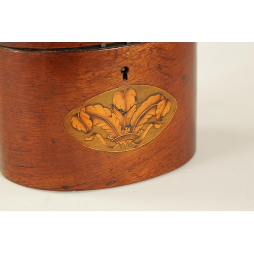 458 - A GEORGE III OVAL INLAID MAHOGANY TEA CADDY with urn-shaped inlaid top and prince of wales feathers ... 