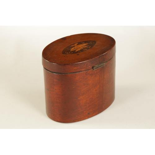 458 - A GEORGE III OVAL INLAID MAHOGANY TEA CADDY with urn-shaped inlaid top and prince of wales feathers ... 