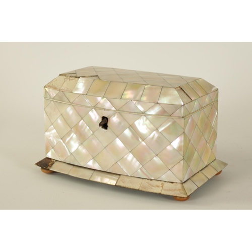 459 - A 19TH CENTURY BOW FRONTED MOTHER-OF PEARL CHEQUERED PARQUETRY TEA CADDY with hinged top revealing a... 