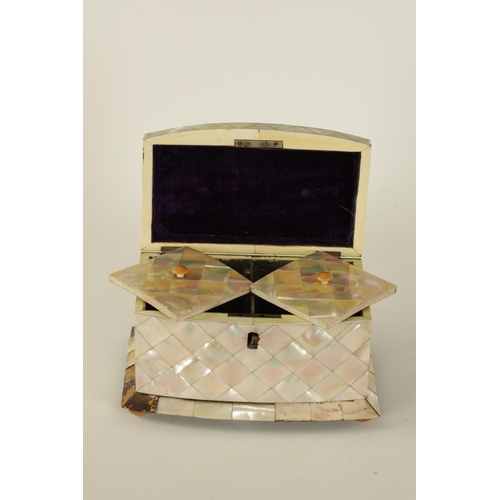 459 - A 19TH CENTURY BOW FRONTED MOTHER-OF PEARL CHEQUERED PARQUETRY TEA CADDY with hinged top revealing a... 