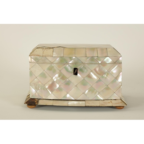 459 - A 19TH CENTURY BOW FRONTED MOTHER-OF PEARL CHEQUERED PARQUETRY TEA CADDY with hinged top revealing a... 