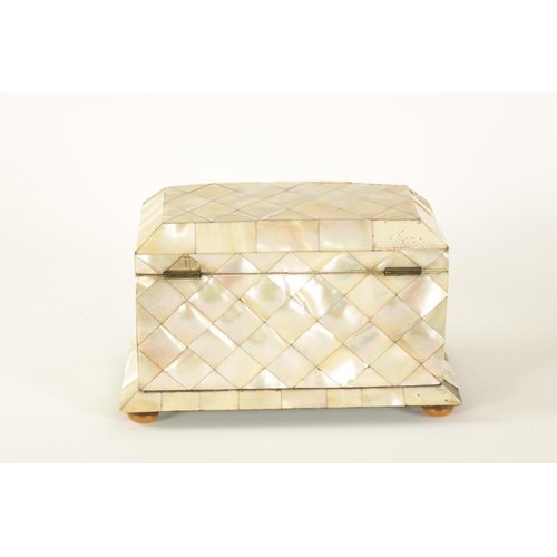 459 - A 19TH CENTURY BOW FRONTED MOTHER-OF PEARL CHEQUERED PARQUETRY TEA CADDY with hinged top revealing a... 