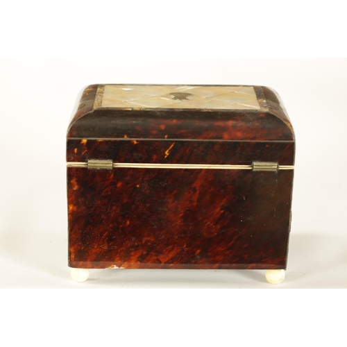 461 - A 19TH CENTURY TORTOISESHELL AND MOTHER-OF-PEARL PANELLED SHAPED FRONT TEA CADDY with parquetry inla... 