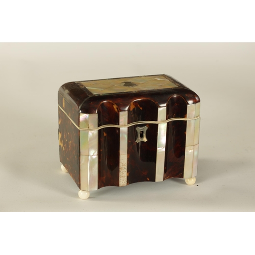 461 - A 19TH CENTURY TORTOISESHELL AND MOTHER-OF-PEARL PANELLED SHAPED FRONT TEA CADDY with parquetry inla... 