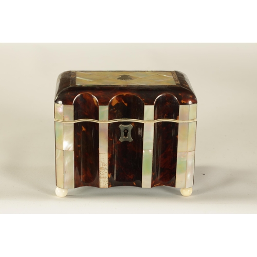 461 - A 19TH CENTURY TORTOISESHELL AND MOTHER-OF-PEARL PANELLED SHAPED FRONT TEA CADDY with parquetry inla... 