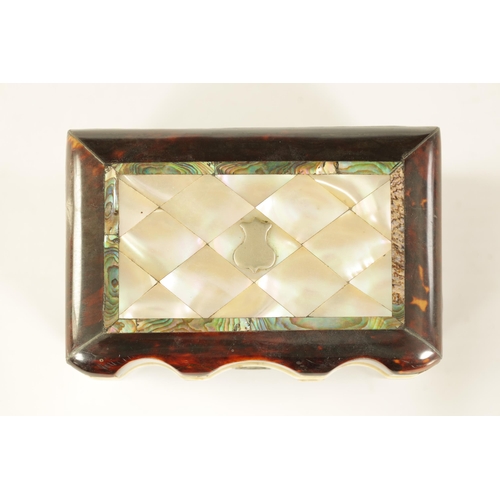 461 - A 19TH CENTURY TORTOISESHELL AND MOTHER-OF-PEARL PANELLED SHAPED FRONT TEA CADDY with parquetry inla... 