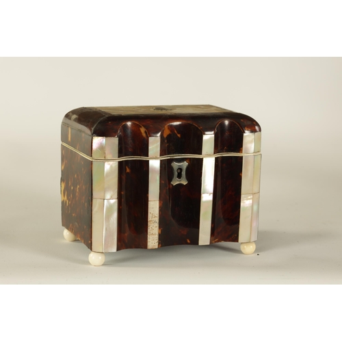 461 - A 19TH CENTURY TORTOISESHELL AND MOTHER-OF-PEARL PANELLED SHAPED FRONT TEA CADDY with parquetry inla... 