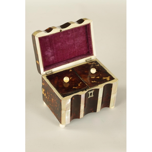 461 - A 19TH CENTURY TORTOISESHELL AND MOTHER-OF-PEARL PANELLED SHAPED FRONT TEA CADDY with parquetry inla... 