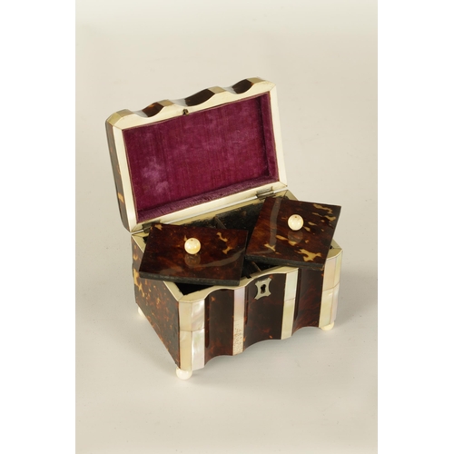 461 - A 19TH CENTURY TORTOISESHELL AND MOTHER-OF-PEARL PANELLED SHAPED FRONT TEA CADDY with parquetry inla... 