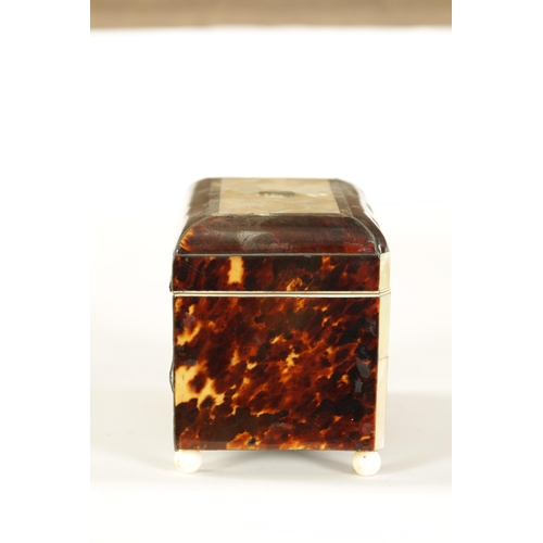 461 - A 19TH CENTURY TORTOISESHELL AND MOTHER-OF-PEARL PANELLED SHAPED FRONT TEA CADDY with parquetry inla... 