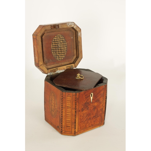 462 - A GEORGE III INLAID AND CHEQUER-STRUNG FIGURED SATINWOOD TEA CADDY with canted corners and panelled ... 