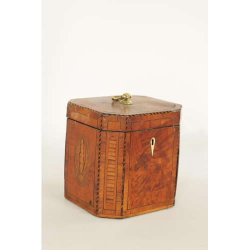 462 - A GEORGE III INLAID AND CHEQUER-STRUNG FIGURED SATINWOOD TEA CADDY with canted corners and panelled ... 