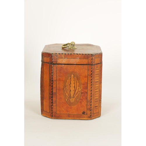 462 - A GEORGE III INLAID AND CHEQUER-STRUNG FIGURED SATINWOOD TEA CADDY with canted corners and panelled ... 