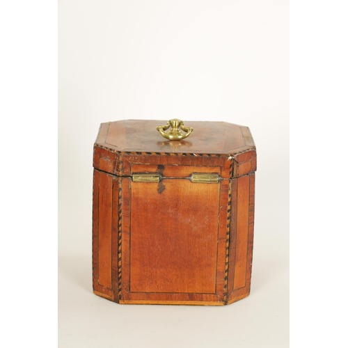 462 - A GEORGE III INLAID AND CHEQUER-STRUNG FIGURED SATINWOOD TEA CADDY with canted corners and panelled ... 