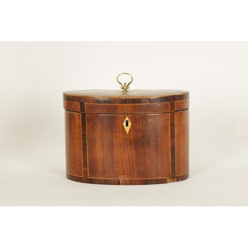 463 - A GEORGE III OVAL INLAID MAHOGANY TEA CADDY with oval fanned inlay and rosewood cross-banded boxwood... 