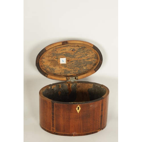 463 - A GEORGE III OVAL INLAID MAHOGANY TEA CADDY with oval fanned inlay and rosewood cross-banded boxwood... 