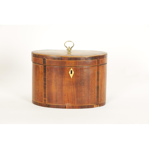 463 - A GEORGE III OVAL INLAID MAHOGANY TEA CADDY with oval fanned inlay and rosewood cross-banded boxwood... 