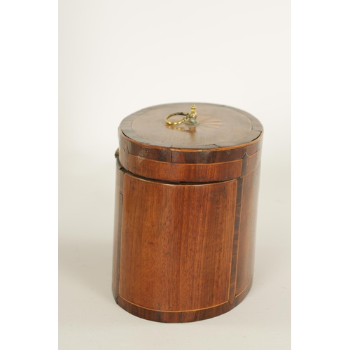 463 - A GEORGE III OVAL INLAID MAHOGANY TEA CADDY with oval fanned inlay and rosewood cross-banded boxwood... 