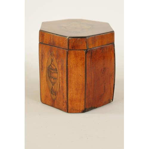 464 - A GEORGE III SATINWOOD OCTAGONAL SHAPED SHELL-INLAID TEA CADDY with conche-shell inlaid top above th... 