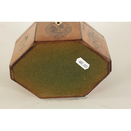 464 - A GEORGE III SATINWOOD OCTAGONAL SHAPED SHELL-INLAID TEA CADDY with conche-shell inlaid top above th... 