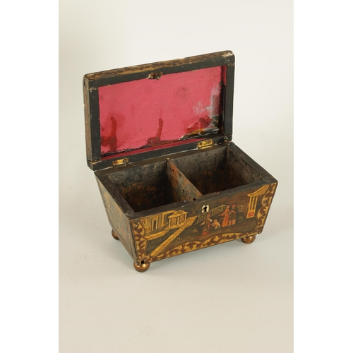 468 - A LATE GEORGIAN CHINOISERIE DECORATED BLACK LACQUER SARCOPHAGUS TEA CADDY the chamfered hinged lid w... 