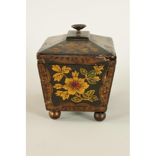 468 - A LATE GEORGIAN CHINOISERIE DECORATED BLACK LACQUER SARCOPHAGUS TEA CADDY the chamfered hinged lid w... 