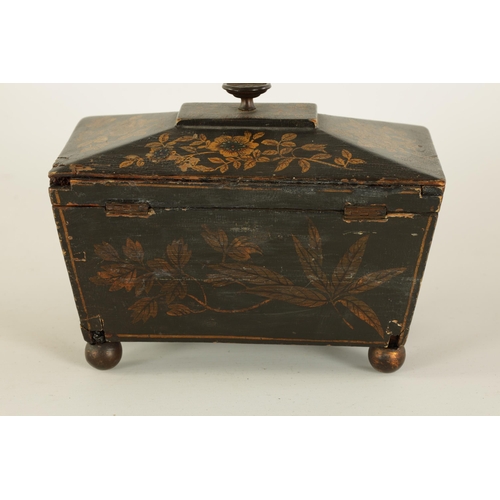 468 - A LATE GEORGIAN CHINOISERIE DECORATED BLACK LACQUER SARCOPHAGUS TEA CADDY the chamfered hinged lid w... 