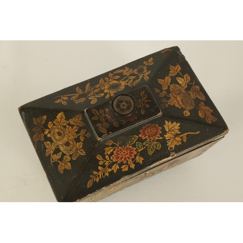 468 - A LATE GEORGIAN CHINOISERIE DECORATED BLACK LACQUER SARCOPHAGUS TEA CADDY the chamfered hinged lid w... 